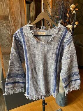 Elan Blue and White Striped Fringe Poncho Sweater, Size S